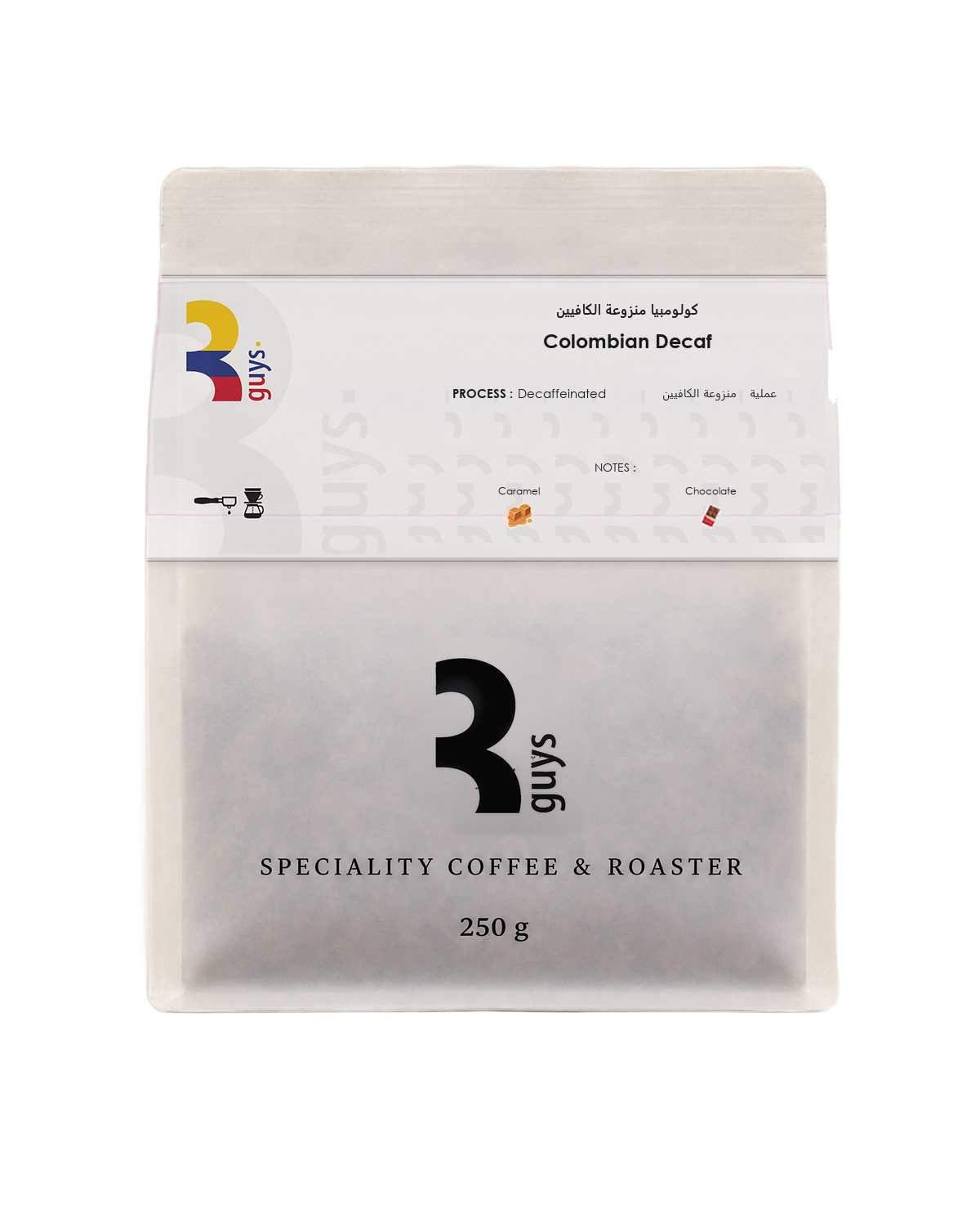 Colombian Decaf, a 250 g bag.