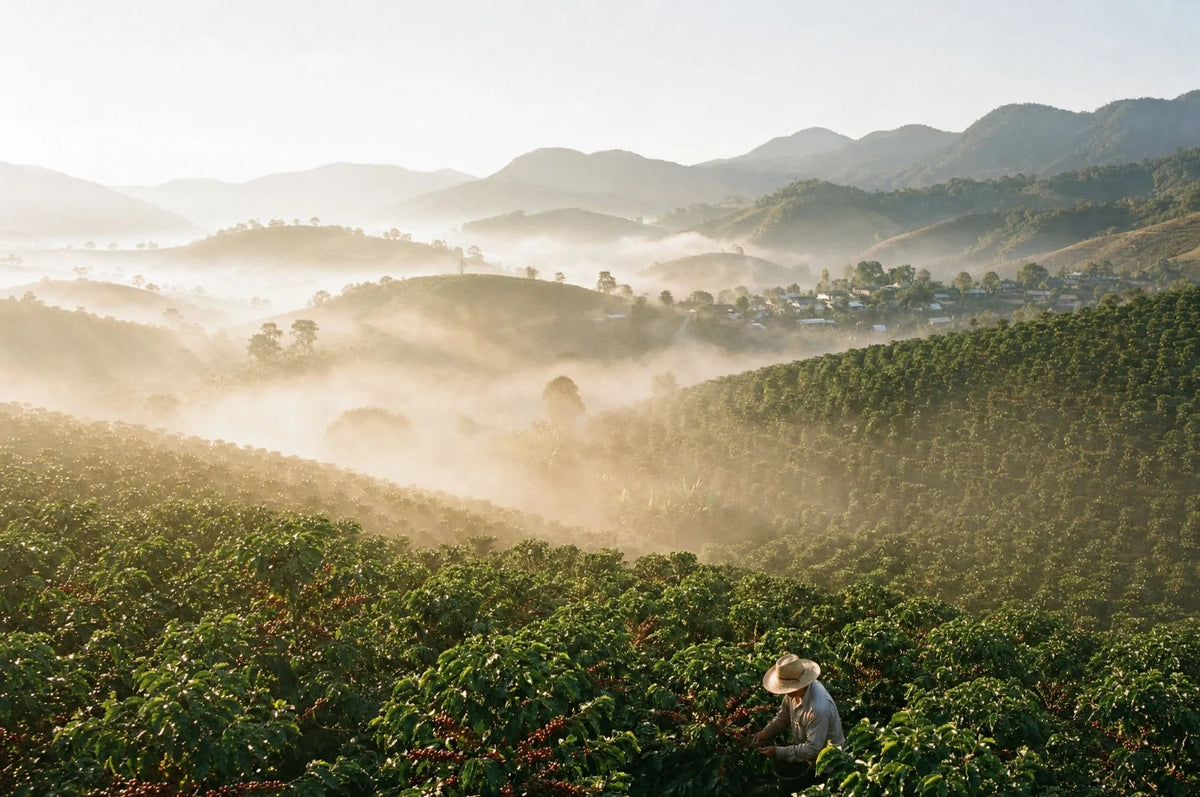 A picker in a straw hat among coffee trees, mist in the valleys below.