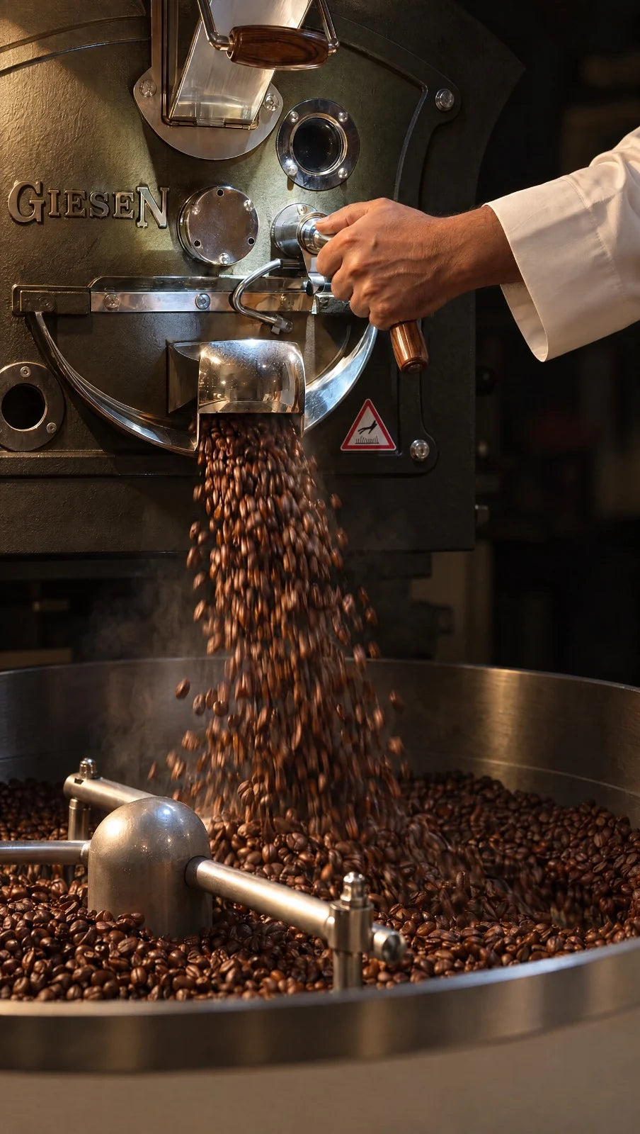 Roasted beans dropping from the Giesen into the cooling tray.