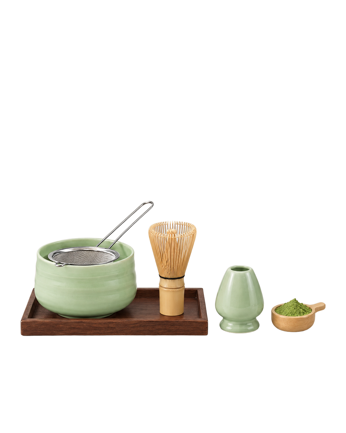 The matcha set on its wooden tray.