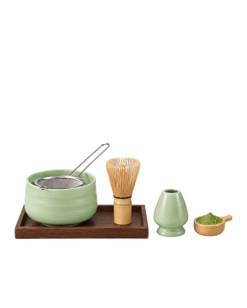 The matcha set on its wooden tray.